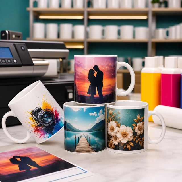 Custom printed mugs arranged in a print studio