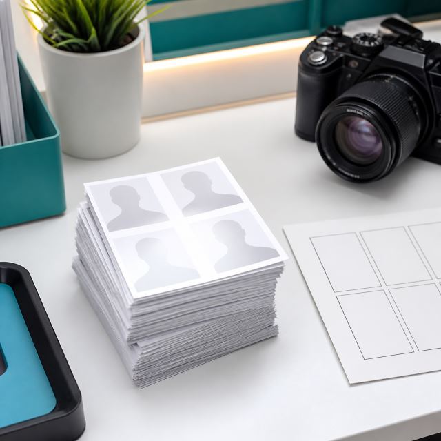 Passport photo prints prepared on a clean studio counter