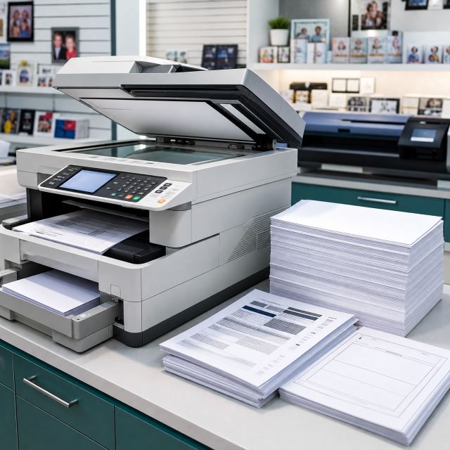Photocopy machine with A4 paper and document print samples