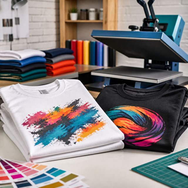Custom printed shirts on a tidy print shop table