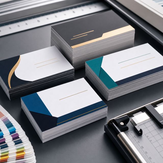 Stacks of professional visiting cards on a studio counter